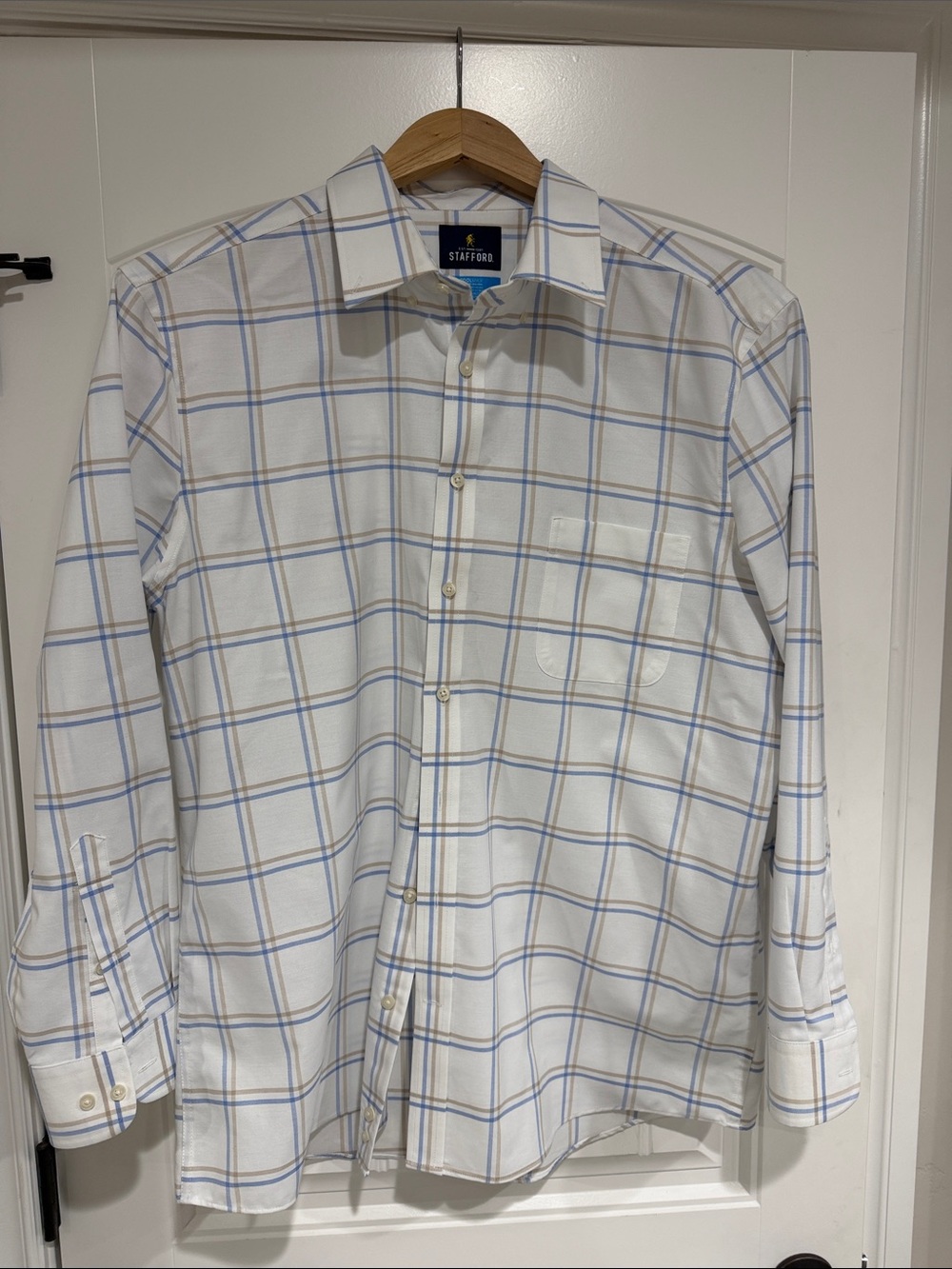 Stafford White Dress Shirt with Blue and Tan Plaid